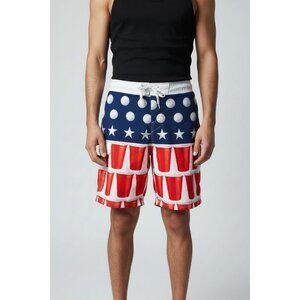 Mens Carbon beer pong Board Shorts W/ Red Cups Design Size 30 Polyester Spandex
